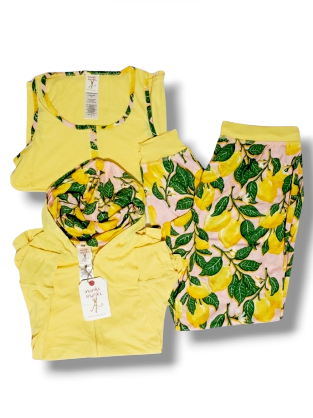 Munki munki Yellow Lemon Print Pajama Set 3 Piece Perfect Pajamas